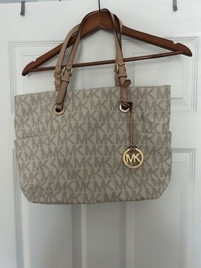 Michael Kors Beige MK Monogram Canvas Tote with Tan Leather Trim